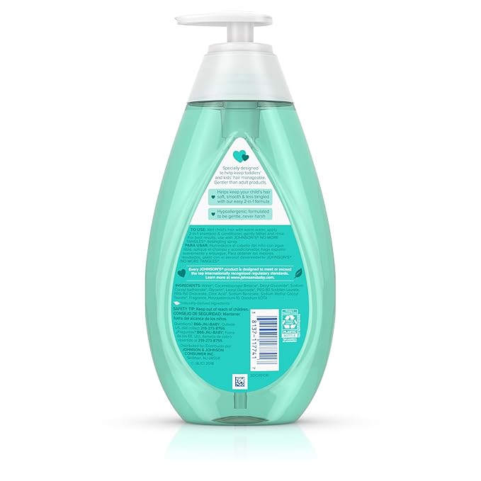 Johnson's Kids No More Tangles 2-in-1 Detangling Shampoo & Conditioner for Kids & Toddlers, Gentle & No More Tears, Hypoallergenic & Free of Parabens, Sulfates & Dyes, 20.3 fl. oz