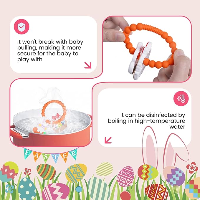 Silicone Baby Ring Toy with Two Teethers,Must Haves Teething Relief Chew Toys for 0-6,6-12 Months Boys and Girls,Newborns Essentials,Safe and Soft,BPA Free. (Easter)