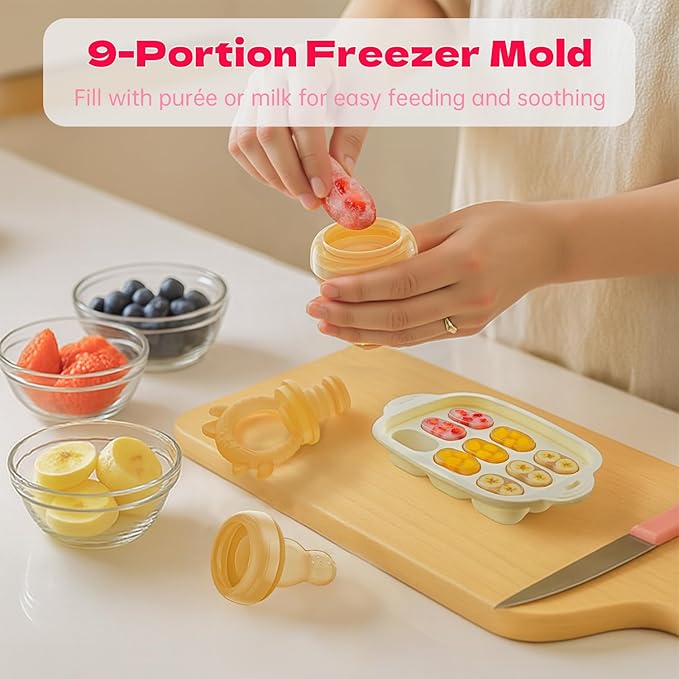 Baby Fruit Feeder with Freezer Tray, Auto-Push Food Feeder Pacifier for 3-6 6-12 18 Months, BPA-Free, Breastmilk Popsicle Mold, Safely Introduce Solids, Fresh + Frozen, 2 Sizes Pounches