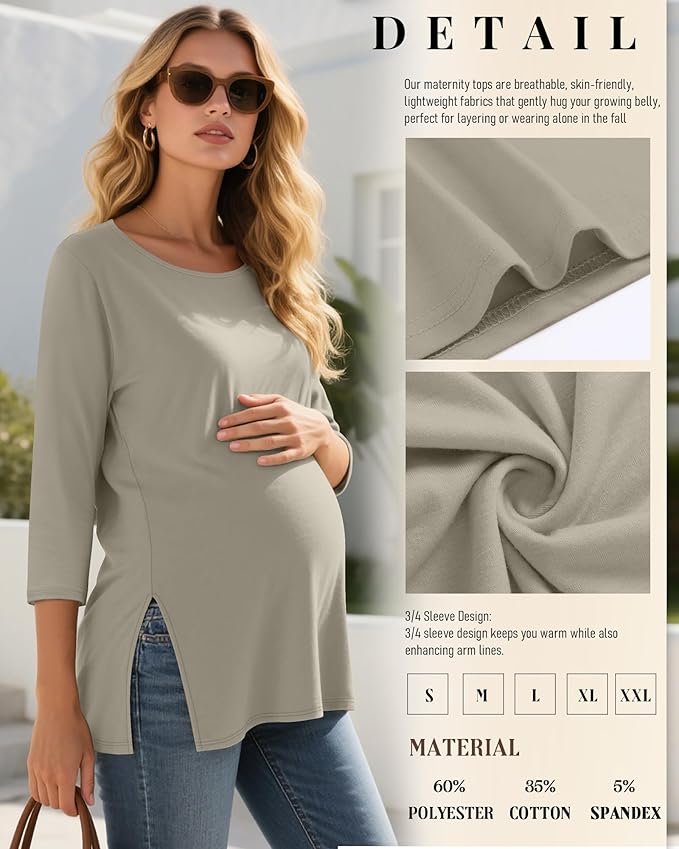 3 Pack Women's 3/4 Sleeve Maternity Shirts Elbow Length Clothes Round Neck Tunics Pregnancy Loose Side Split Tops