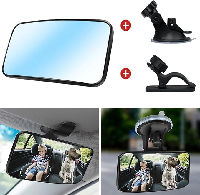 Universal Car Interior Rearview Baby Mirror Wide Angle Convex Mirror Clip-on & Suction Cup mirrors for Viewing Rear Passengers（5.11' X 2.56'）