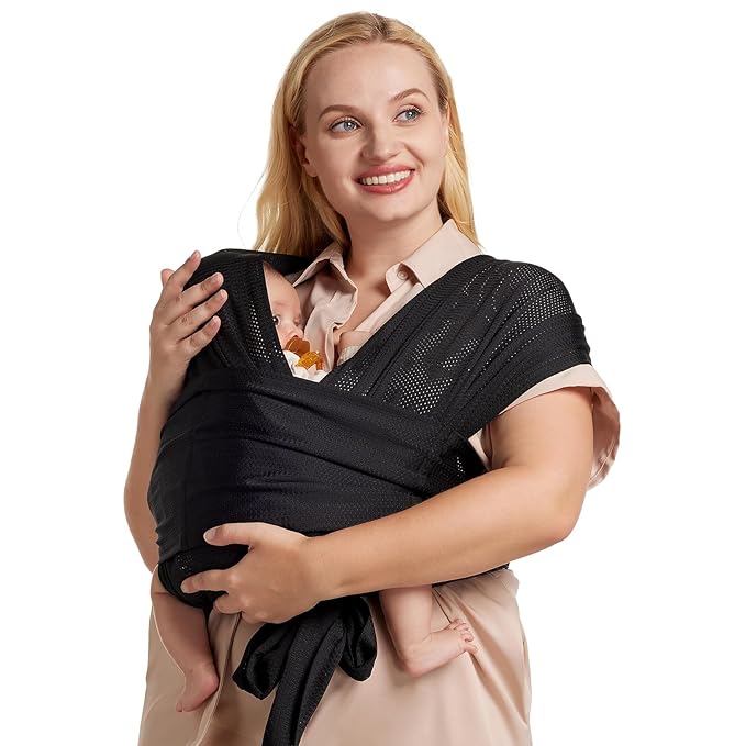 Momcozy Adjustable Buckle Baby Wrap Carrier Cooling Air-Mesh, Easy to Wear Baby Carrier Sling, Baby Carriers Newborn to Toddler 8-35lbs, Suit for Waist 47-57inch, Plus Size Black