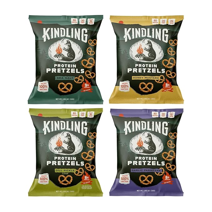 Kindling Protein Pretzels, Sea Salt, Dill Pickle, Honey Mustard, Garlic Parmesan, Kosher, 8-9 g Protein, 1-2 g of Total Sugar, No Artificial Flavors, Soy-Free, for Kids, Office 12 1.06oz Pack, 3 Each