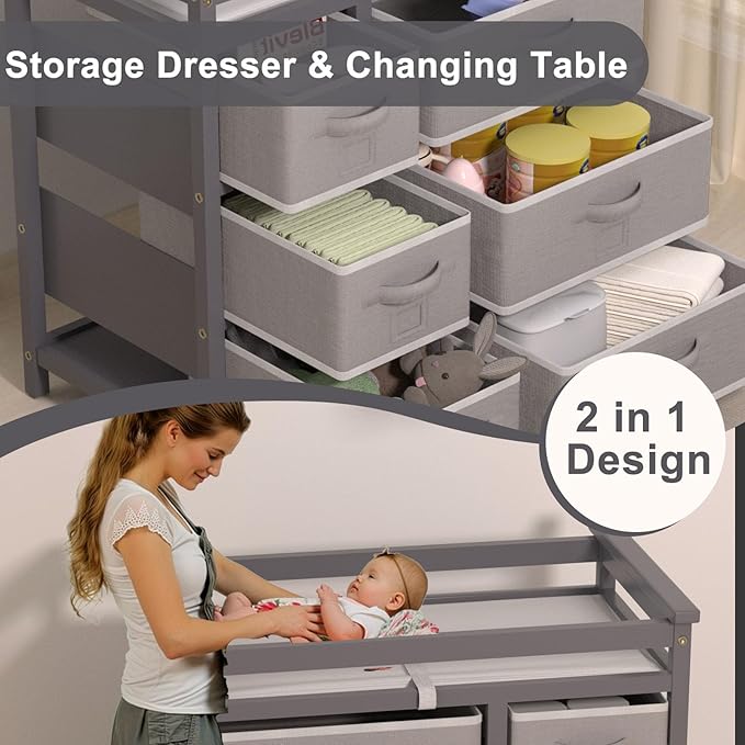 XJD Baby Changing Table with 6 Drawers Storage Station, Baby Changing Station Diaper Changing Station (Grey)