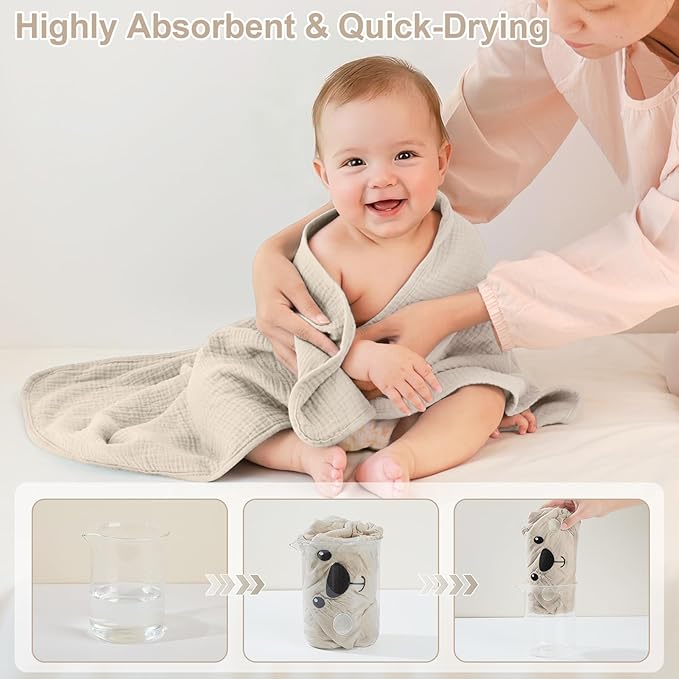 FIOBEE Hooded Baby Towels 100% Muslin Baby Bath Towels for Newborn with Animal Design Ultra-Soft and Absorbent Bath Essentials for Toddler, Unisex Girls Boys 30 x 30 inch, Light Coffee Bear