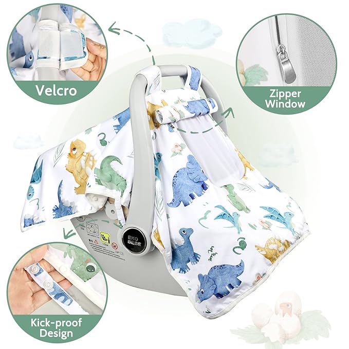 Baby Carseat Seat Cover Boys, Winter Carseat Canopy, Cozy & Warm Cover with Zipper Peep Windows, Infant Minky Carrier Cover, Soft Breathable, Baby Must Have, White Dinosaur