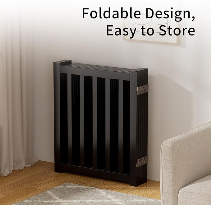 6-Panel Solid Wood Dog Gate - Freestanding Folding Pet Gate for Doorways, Stairs, Indoor, 24" Height, No Installation Needed, Black