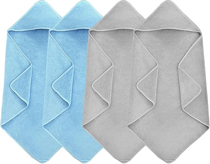 4 Pack Hooded Baby Towels, 32x32 Inch Absorbent Bath Towels, Soft Coral Fleece Hooded Towel for Newborns, Infants, and Toddlers – Baby Bath Essentials (2X Light Gray + 2X Sky Blue)