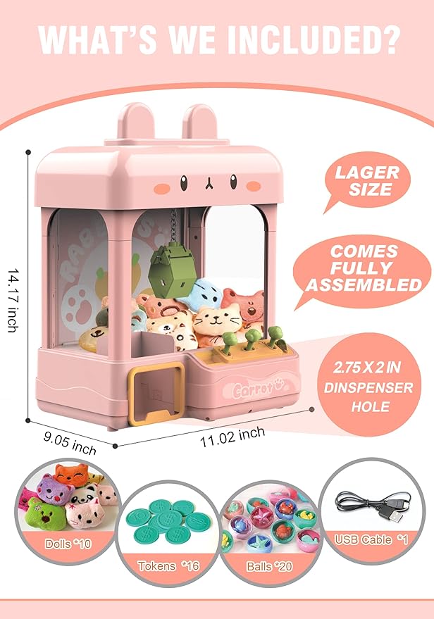 Large Claw Machine for Kids Adults with Prizes, Adjustable Sound & Light, Mini Vending Machine for Girls, Electronic Arcade Crane Game, Candy Dispenser Toy for Party Birthday Gifts - Bunny