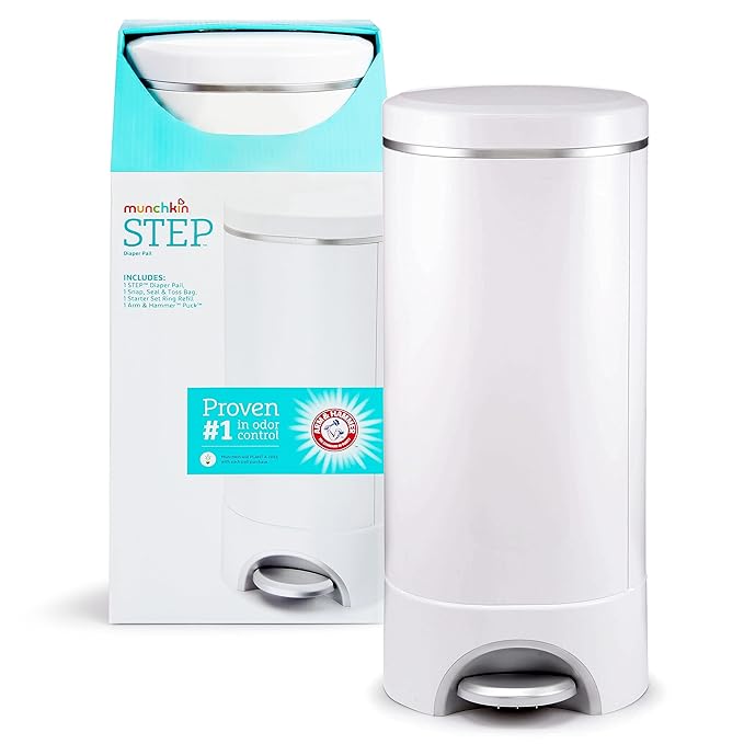 Munchkin® Step™ Diaper Pail Powered by Arm & Hammer, #1 in Odor Control, Award-Winning, Includes 1 Snap, Seal & Toss™ Bag, 1 Starter Refill Ring, and 4 Puck™ Baking Soda Cartridges