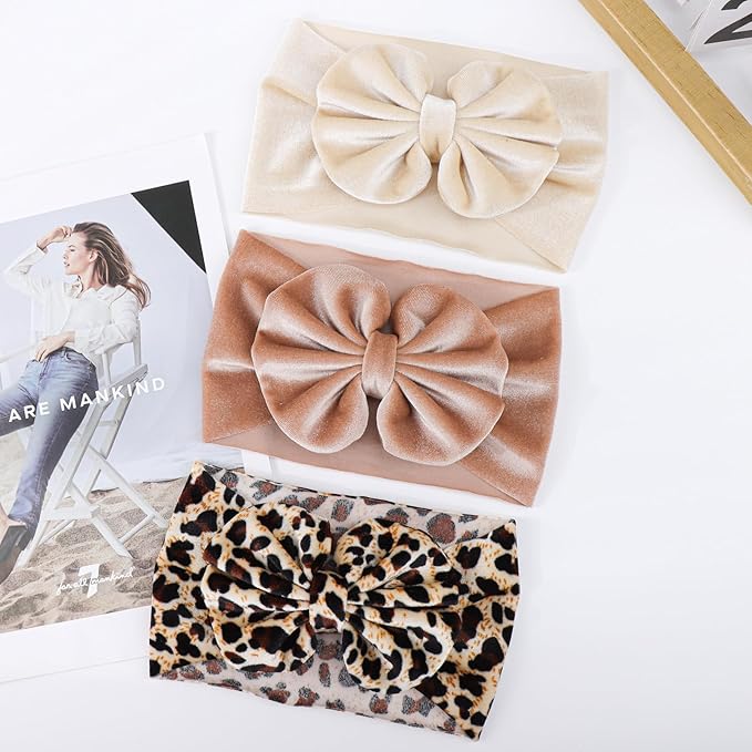 YanJie Baby Girl Headbands with Bows, Soft Elastics Handmade Velvet Hairbands and Accessories for Infant Toddlers Kids in Khaki, Beige, Leopard