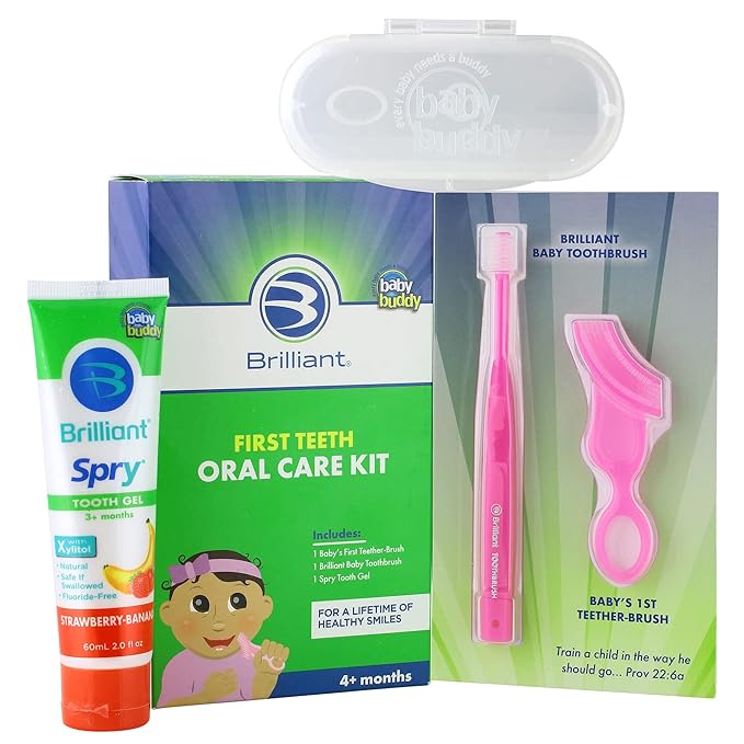First Teeth Oral Care Kit by Brilliant Oral Care - Includes Baby's 1st Teether Brush, Brilliant Baby Toothbrush & 2oz Spry Strawberry-Banana Tooth Gel 4 Months Old and Up, Pink (00545P)
