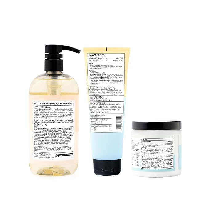 TUBBY TODD Baby Bundle Newborn Skin Care Set - Hypoallergenic Hair + Body Wash, All Over Ointment with Colloidal Oatmeal, Sweet Cheeks Diaper Paste - Fragrance-Free, Full Size
