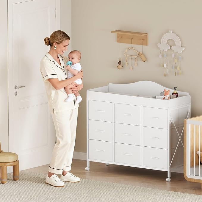 Baby Changing Table with 9 Fabric Drawers, Waterproof Diaper Changing Station & Pad, Mobile Nursery Diaper Changing Table, Baby Furniture, Bedroom, White