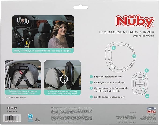 Nuby LED Light Backseat Baby Car Mirror with Remote Controlled Light, Wide View Shatter Resistant Mirror, Adjustable, White Cloud