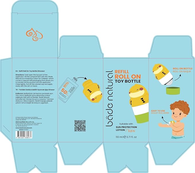 Bade Natural Refillable Dinosaur-Shaped Sunscreen Applicator for Kids – 3.7 fl oz - Roll-On Bottle – Empty, Reusable Dispenser for SPF Lotion – Soft Applicator Tip, Travel-Friendly