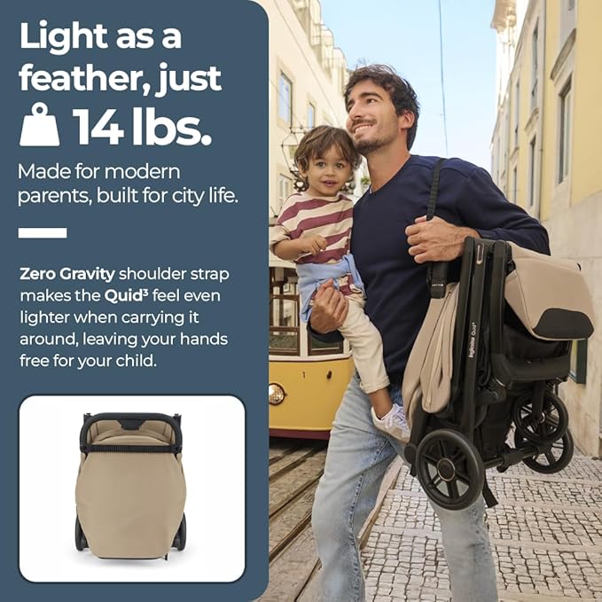 Inglesina Quid³ Stroller, Lunar Beige - Compact Reclining Travel Stroller for Baby & Toddler 0-55 lbs, One Hand fold, Airplane Overhead, Lightweight, Foldable, XL UPF 50+ Canopy