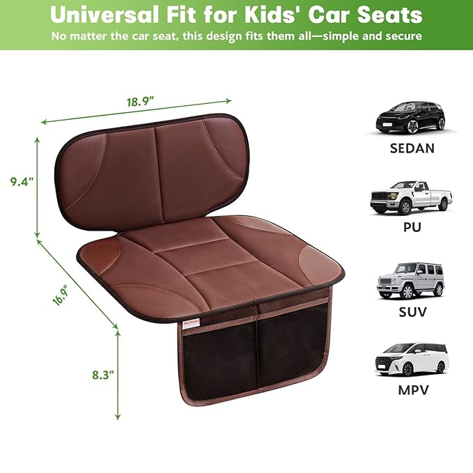 Siivton Car Seat Protector for Kids, Anti-Slip Design, Thick Padding, Prevents Seat Marks, 2 Storage Pockets for Toys & Snacks, Fits Most Cars, Black (Brown, 2 Pack)