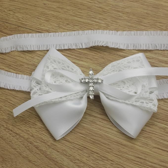 Nihao Baby White Cotton Lace and Satin Bow Baptism Headband with Cross (6 months-2 years old)