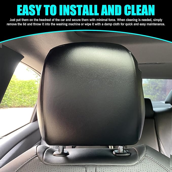 Shakas 2 PCS Cars Headrest Covers, Full Wrap-around Non-marking Fit Anti-scratch Protector, Waterproof Leather Portable Reusable Elastic Dust Cover, for Most Cars Seat Headrest Accessories (Black #S)