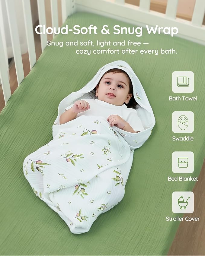 SUOSDEY Muslin Hooded Baby Towels for Newborn Infant Toddler, 70% Viscose from Bamboo 30% Cotton,Soft Baby Bath Towel with Hood Highly Absorbent and Newborn Essential,28 X 28 Inch
