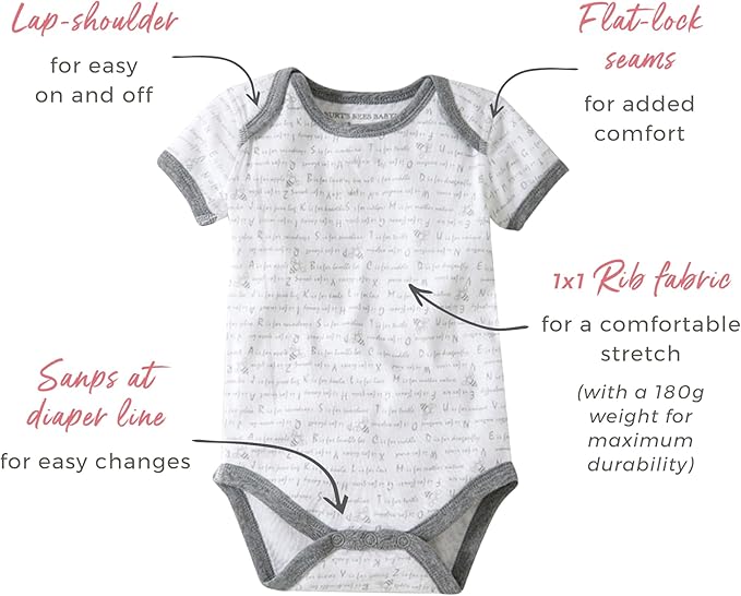 Burt's Bees Baby Bodysuits, Short Sleeve and Long Sleeve One-Pieces, 100% Organic Cotton, Pack of 5