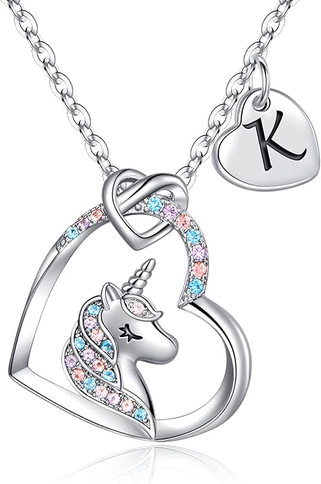 Hidepoo Valentines Gifts for Kids Girls - Unicorn Necklace Gifts for Teen Girls Kid, Colorful CZ Heart Pendant Initial Unicorn Necklaces for Girl Jewelry Birthday Gift for Girl Kid