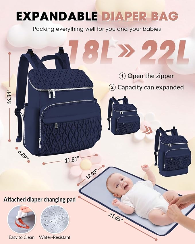 Baby Diaper Bag, Multi-Function Baby Bag for Mom Dad, Diaper Backpack with Changing Pad Stylish Pañaleras para Bebe Stroller Straps, Newborn Baby Essentials Must Haves for Women Navy blue
