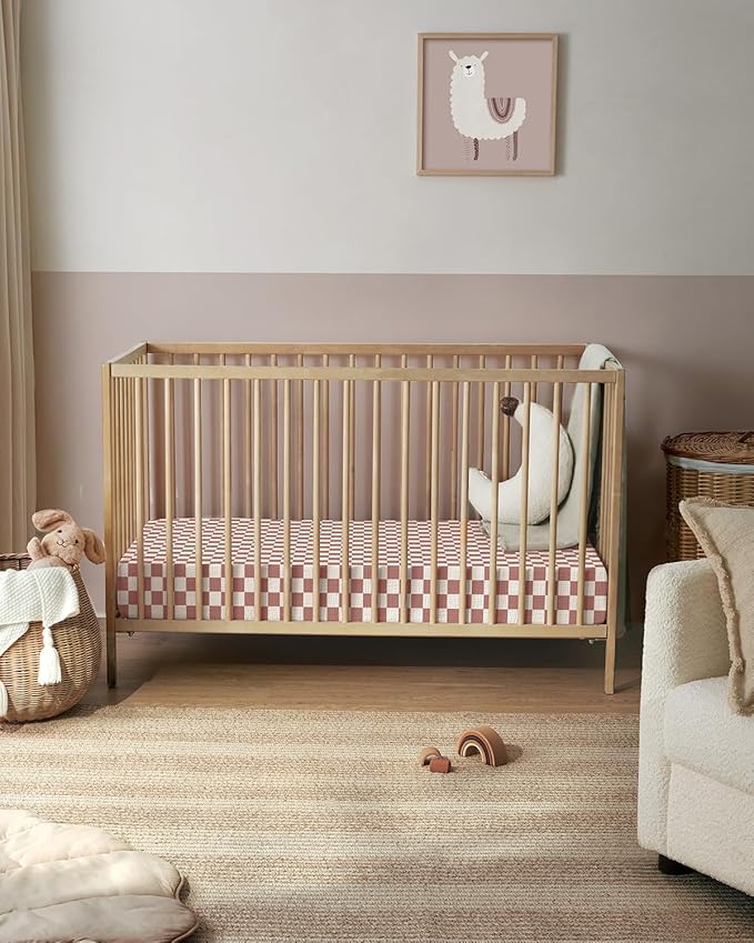 Blissful Diary Muslin Crib Sheets for Girl Boy, Boho Neutral Soft Cotton Baby Sheet for 52''x28'' Standard Crib Mattress, 2 Pack(Dusty Pink Checkboard & Dusty Pink)
