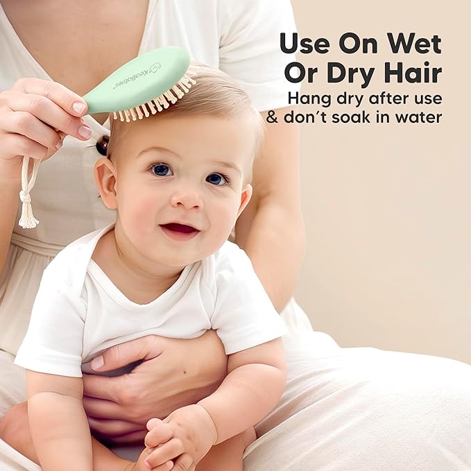 Baby Hair Brush Set for Newborns - Soft Goat Bristle Wooden Baby Brush and Comb Set Newborn Grooming Kit for Cradle Cap, Durable & Gentle, Boy, Girl Infant Essentials Care Kit (Oval, Sage)