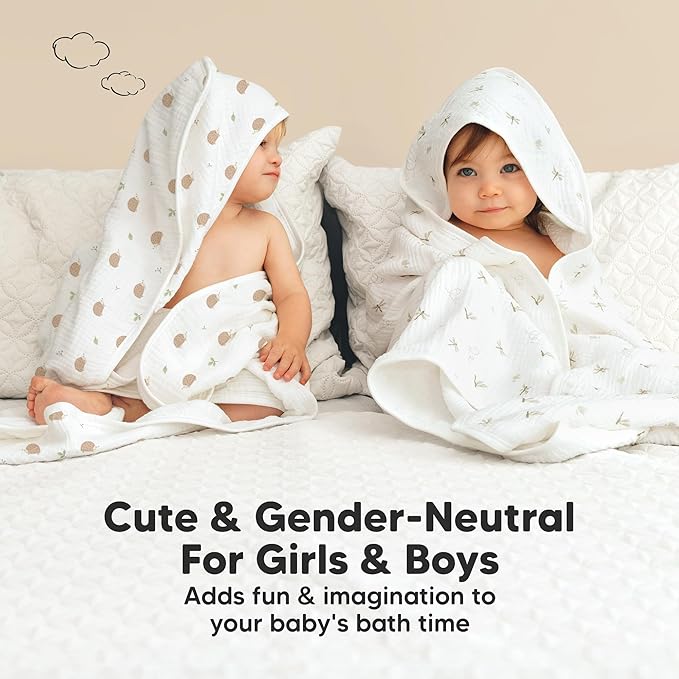 KeaBabies Muslin Baby Bath Towels with Hood for Girls, Boys -Large Organic Cotton Hooded Baby Towels for Newborns,Toddlers,Infant,Kids,Soft Absorbent Newborn Bath Essentials Gift Set(Meadow, Petite)