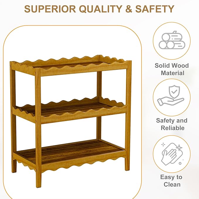 Baby Changing Table, Portable Changing Table, Compact and Lightweight, Solid New Zealand Pinewood, Two Storage Wave-Shaped Shelves, Nursery Organizer, Dark Wood