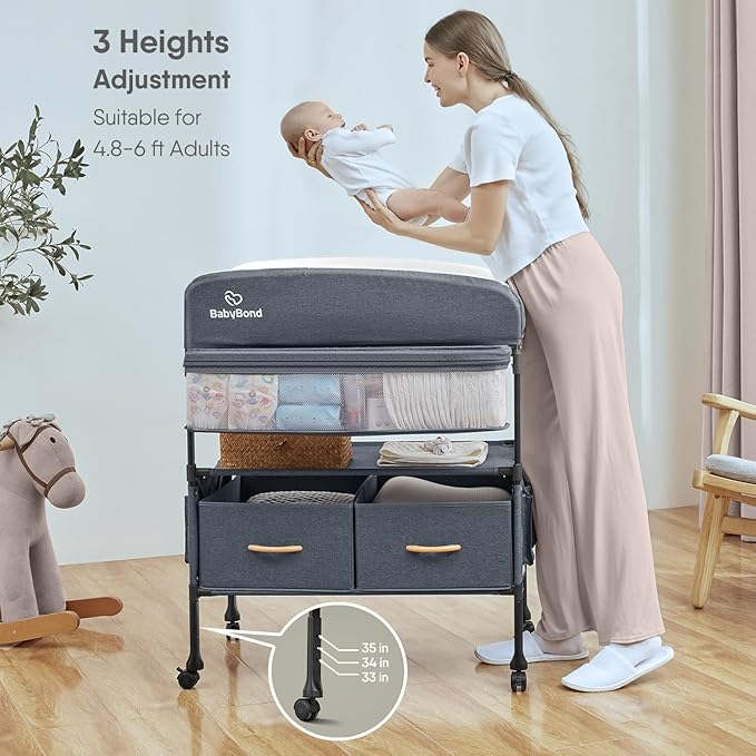 BabyBond Portable Baby Changing Table with 2 Storage Baskets, Foldable Changing Table Dresser Diaper Changing Table Height Adjustable Changing Station for Infant and Newborn(Grey)