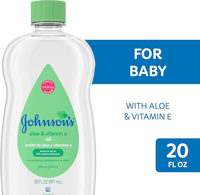 Johnson's Baby Oil, Mineral Oil with Aloe Vera & Vitamin E to help reduce Moisture Loss, Soothing, Moisturizing Baby Massage Oil, 20 fl. oz, 6 Pack