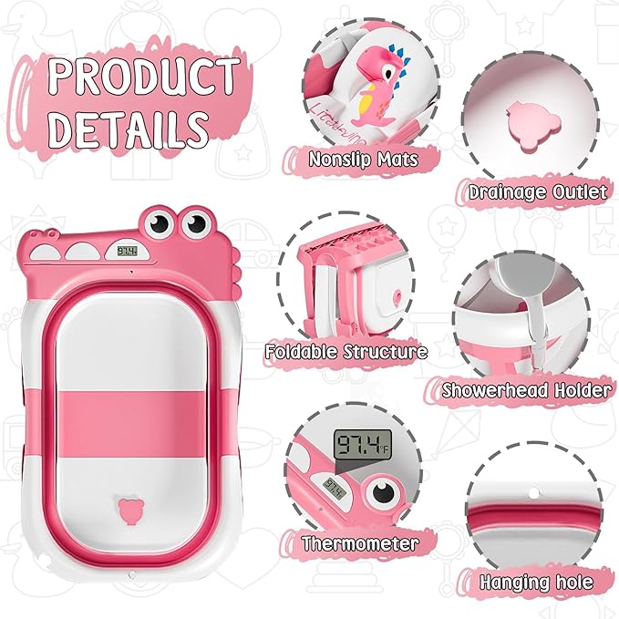 TPN Collapsible Baby Bathtub, Baby Bath Tub with Soft Cushion & Real-Time Thermometer, Baby Bathtub Infant to Toddler Tub (0-36 Months), Portable Travel Baby Tubs for Newborns (Pink)