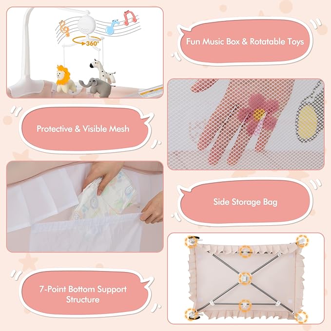 BABY JOY 4 in 1 Pack and Play with Canopy, Portable Baby Playard with Bassinet, Double-Layer Baby Crib, Wheels & Brake, Foldable Baby Girl Pink Bassinet from Newborn to Toddler