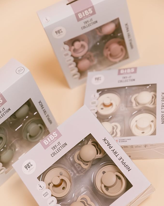 BIBS Try-It Collection | 4-Pack Soothers | BPA-Free Round, Anatomical & Symmetrical Nipple | Natural Rubber Latex/Silicone | Made in Denmark | 6-18 Months | Ivory