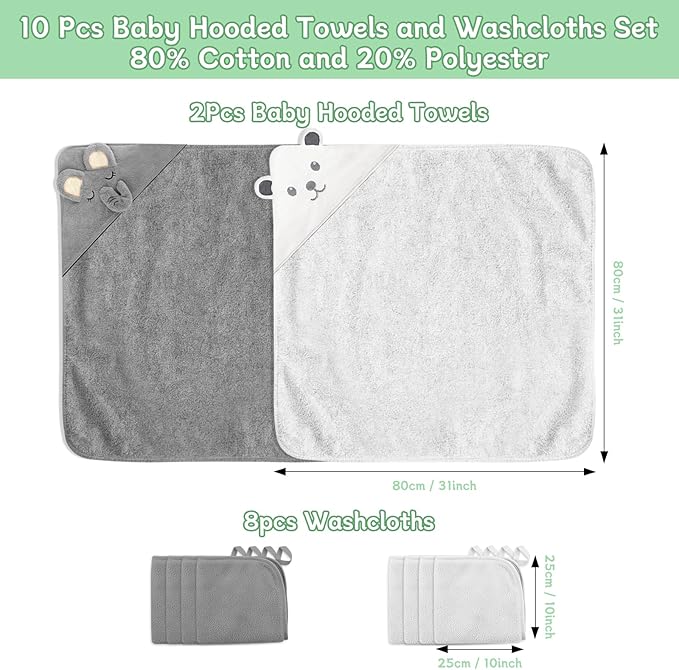 10 PCS Baby Towels Set - 2 Hooded Towels & 8 Washcloths, Ultra Soft & Absorbent Bath Towels for Newborn, Infant, Toddler, Baby Shower, Daily Use, Cute Animal Design