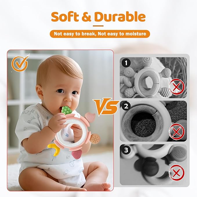 Baby Teething Ring Toy for 3-12 Months, Silicone Infant Teether for Sore Gum Relief, Soothing Sensory Chew Toy, Ideal Newborn Gift for Boys Girls Baby Shower, Birthday or Valentines Day, Pink