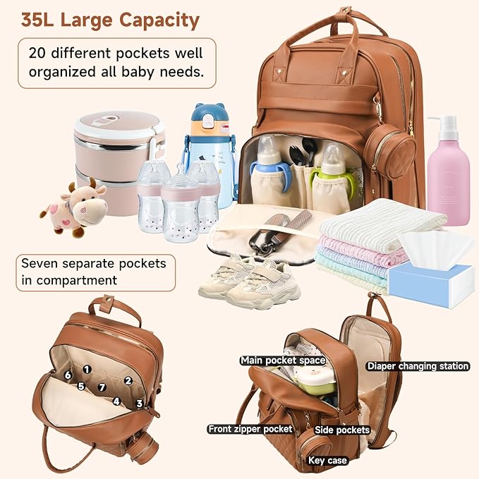 Leather Baby Diaper Bags with Changing Station,Extra large Capacity Baby Diaper Bag Backpack,Waterproof Baby Essentials(Brown)