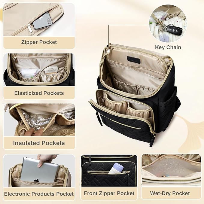 Omanmoli Diaper Bag Backpack Large Baby Travel Bag Diaper Essential Bag with 17 Diaper Bag Organizers,4 Insulated Pockets,Portable Changing Pad,Stroller Buckles,Black
