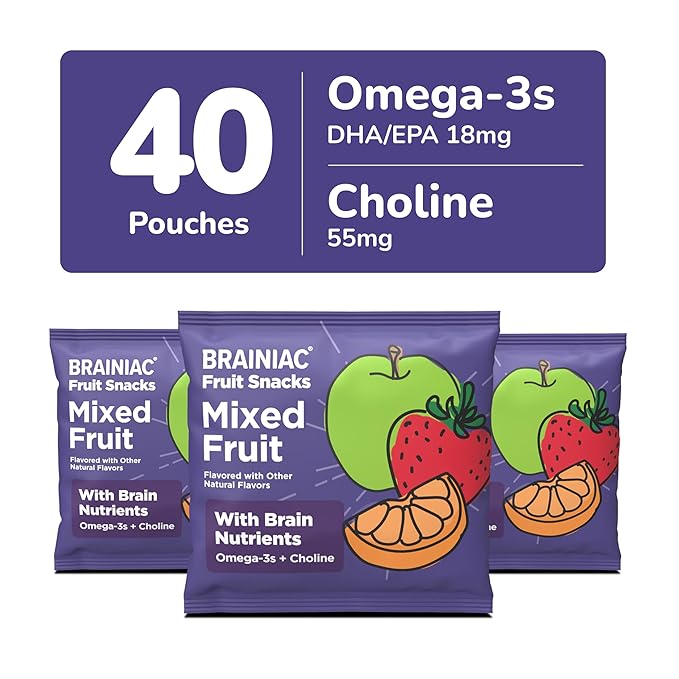 Brainiac Fruit Snacks, Mixed Fruit, Brain Boosting Patented BrainPack Ingredients with Omega-3s DHA/EPA and Choline, Functional and Nutritious Snacks, 40ct