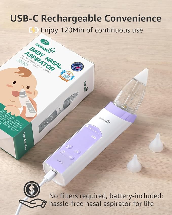 GROWNSY Nasal Aspirator for Baby, Electric Baby Nose Sucker, Automatic Nose Cleaner with Larger Suction Chamber and More Powerful Suction, Music and Light Soothing Function, Purple