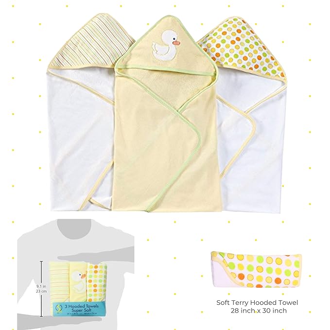 Spasilk Hooded Towel Set for Newborn Boys and Girls, Soft Terry Towel Set, Pack of 3, Yellow Duck