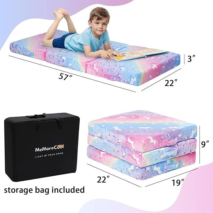 MeMoreCool Foldable Floor Cushion for Kids, Glow Star Trifold Play Mat, Portable Floor Lounger Seat Pad, 57x22 Inch Colorful
