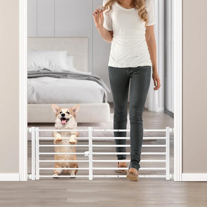 Malier Indoor Dog Gate with Door, 26-41" Extra Wide Full Metal Pet Gate Short Dog Gate for Stairs, Pressure Mount 14'' Tall Small Puppy Low Gate Easy Step Over for Doorways