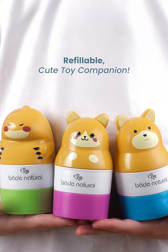 Bade Natural Refillable Bear-Shaped Sunscreen Applicator for Kids – 3.7 fl oz Roll-On Bottle – Empty, Reusable Dispenser for SPF Lotion – Soft Applicator Tip, Travel-Friendly