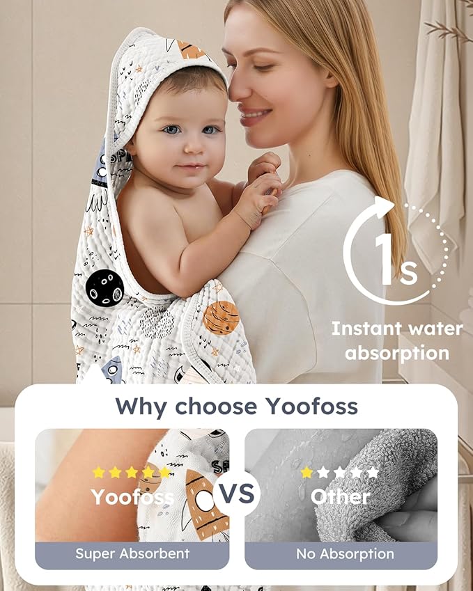 Yoofoss Hooded Baby Towels for Newborn 2 Pack 100% Muslin Organic Cotton Baby Bath Towel with Hood for Babies, Infant, Toddler and Kids, 32x32Inch, Soft and Absorbent Newborn Essential, Grey Planet