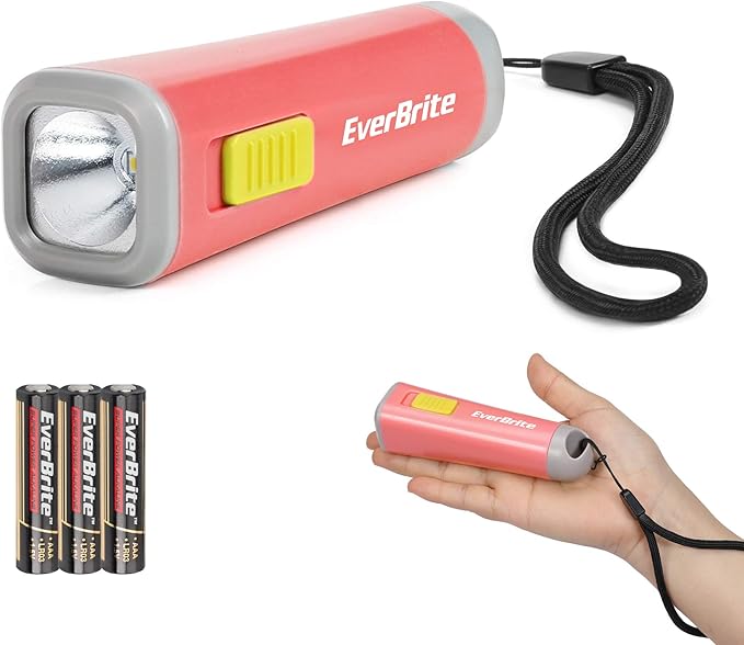 EverBrite Small Flashlight, Mini LED Flashlight, Plastic Torch Use for Emergencies, Camping, Outdoor with Lanyard 3AAA Battery Included, Coral