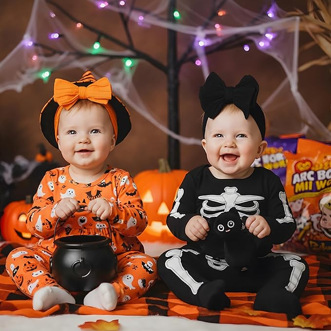 Halloween Baby Girl Bows Newborn Headband Stretchy Double Bows Soft Infant Toddlers (Black White Orange)
